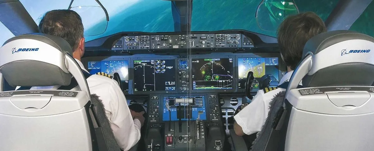 Boeing cockpit with sheepskin-covered pilot seats