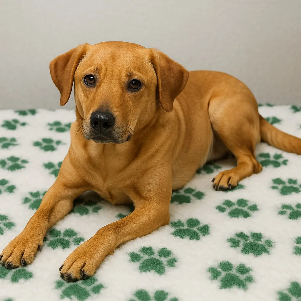 Dog resting on paw-print veterinary bedding